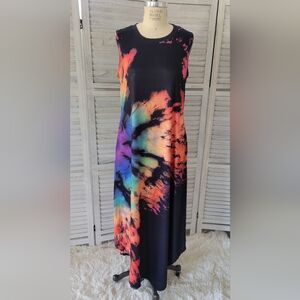Womans black tie dye maxi dress pockets long loose fit bohemian casual beach
